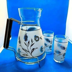 Libbey 32oz Frosted Silver Foliage Pitcher & 2 Juice Cups Vintage MCM